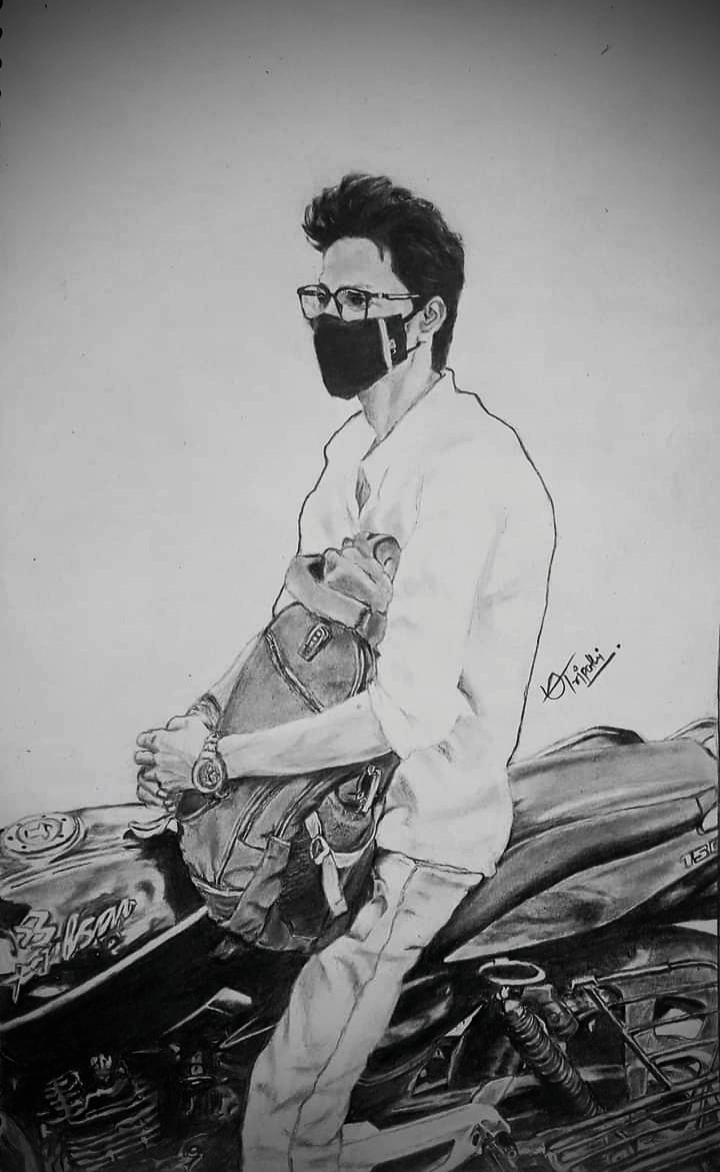 Charcoal portrait sketch of a man on a bike